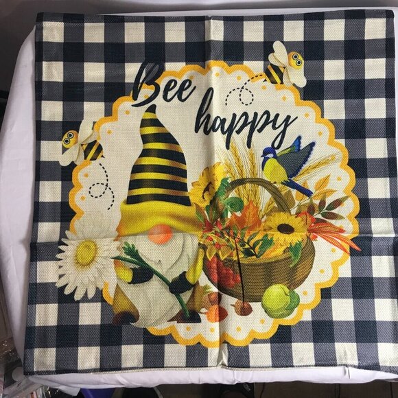 NWOT Gnome Sunflower Bee Daisy "Bee Happy" pillow cover fits 16"x16" pillow - Picture 3 of 11